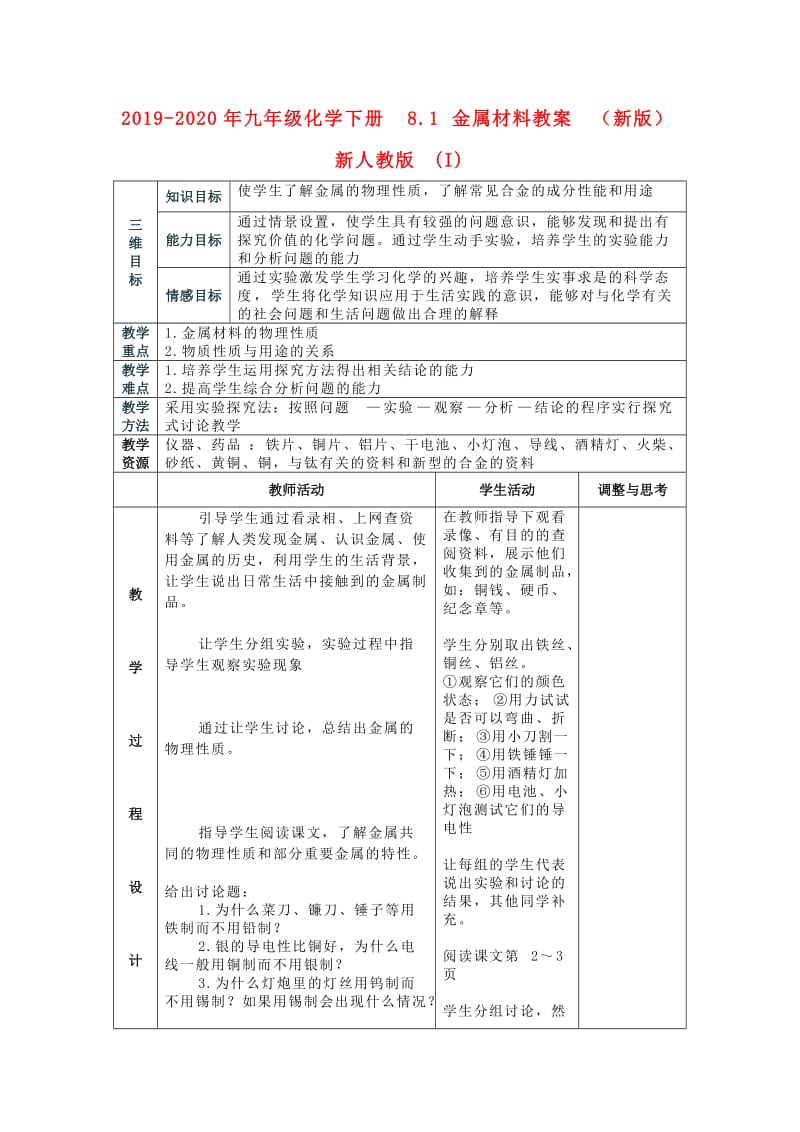 2019-2020年九年级化学下册 8.1 金属材料教案 （新版）新人教版 (I).doc_第1页