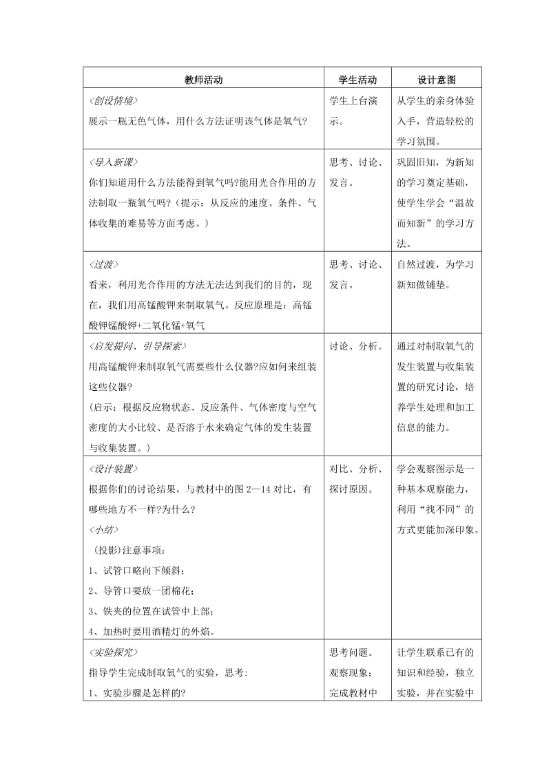 2019-2020年九年级化学上册《2.3 制取氧气（第1课时）》教学设计 （新版）新人教版.doc_第2页