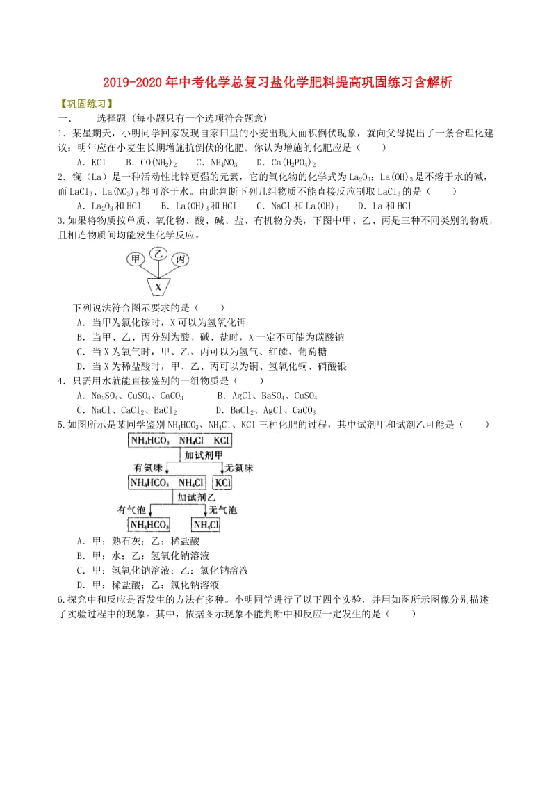 2019-2020年中考化学总复习盐化学肥料提高巩固练习含解析.doc_第1页