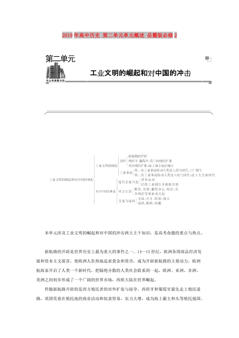 2019年高中历史 第二单元单元概述 岳麓版必修2 .doc_第1页