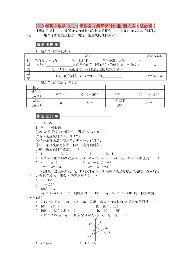 2019年高中数学 3.1.1倾斜角与斜率课时作业 新人教A版必修2.doc_第1页