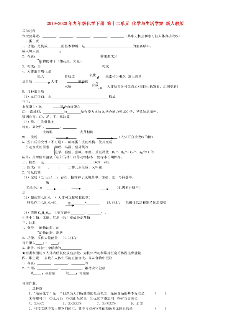 2019-2020年九年级化学下册 第十二单元 化学与生活学案 新人教版.doc_第1页