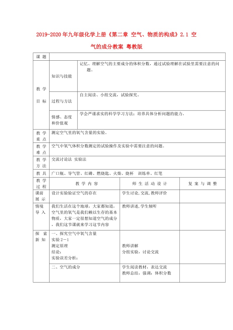 2019-2020年九年级化学上册《第二章 空气、物质的构成》2.1 空气的成分教案 粤教版.doc_第1页