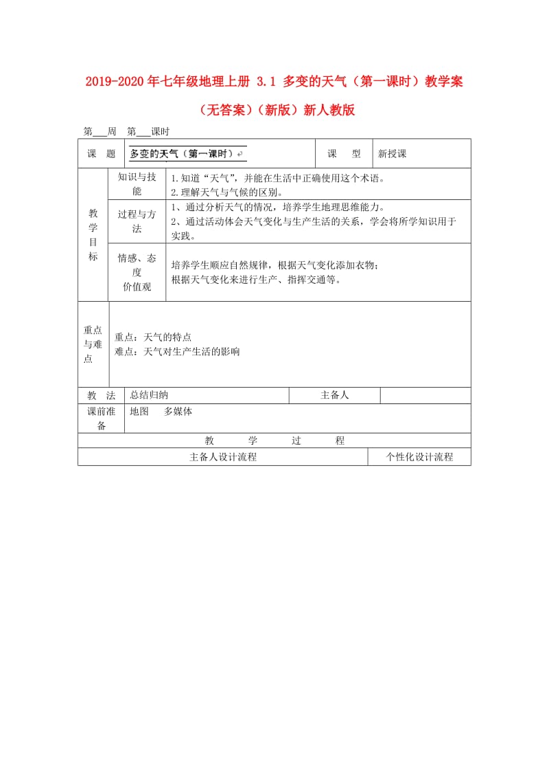 2019-2020年七年级地理上册 3.1 多变的天气（第一课时）教学案（无答案）（新版）新人教版.doc_第1页