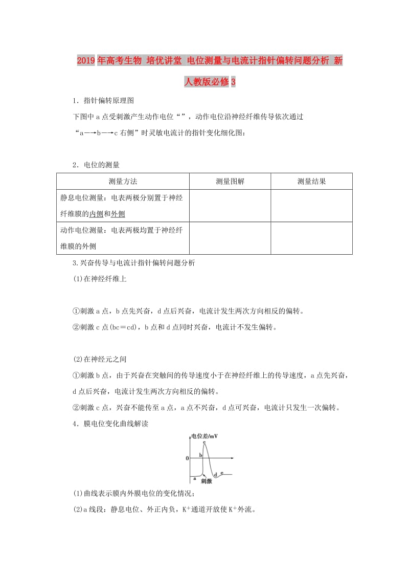 2019年高考生物 培优讲堂 电位测量与电流计指针偏转问题分析 新人教版必修3.doc_第1页