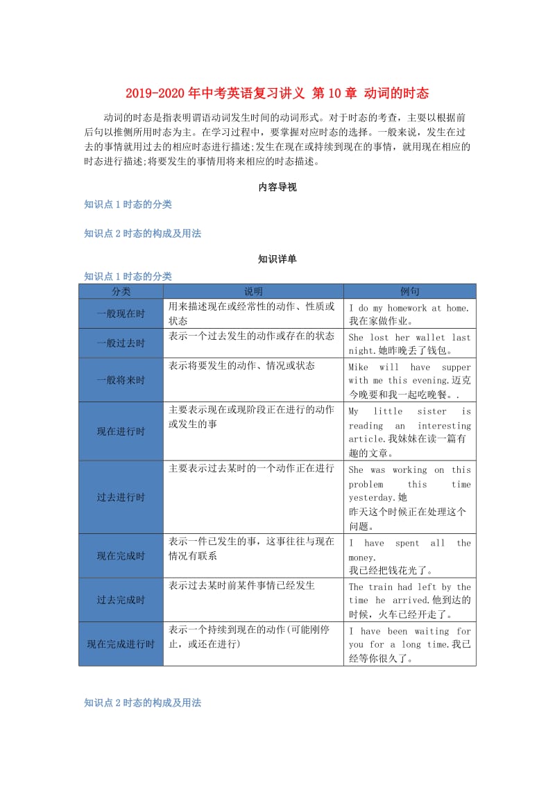 2019-2020年中考英语复习讲义 第10章 动词的时态.doc_第1页