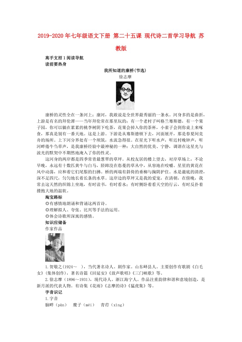 2019-2020年七年级语文下册 第二十五课 现代诗二首学习导航 苏教版.doc_第1页