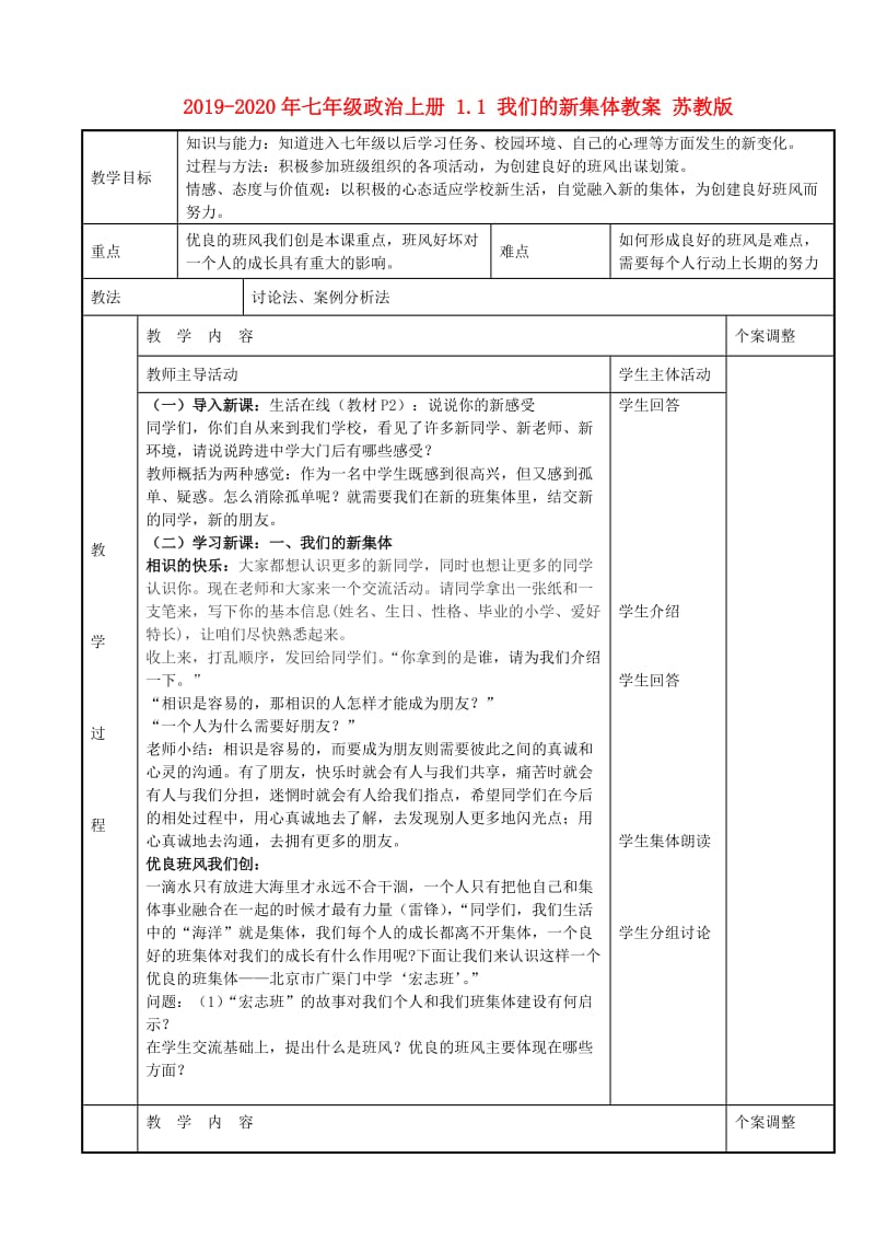 2019-2020年七年级政治上册 1.1 我们的新集体教案 苏教版.doc_第1页