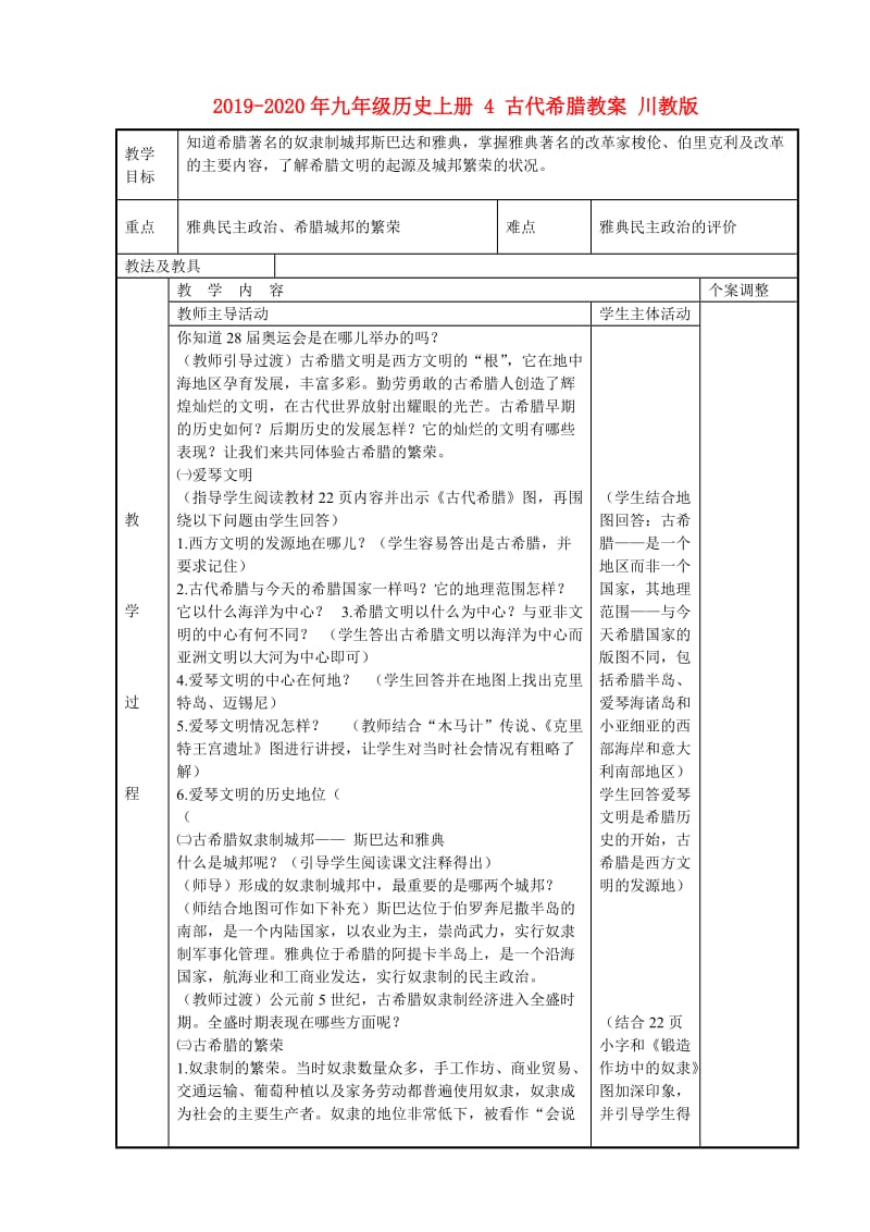 2019-2020年九年级历史上册 4 古代希腊教案 川教版.doc_第1页