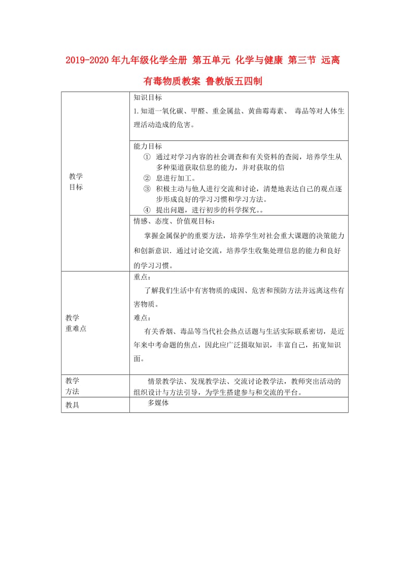 2019-2020年九年级化学全册 第五单元 化学与健康 第三节 远离有毒物质教案 鲁教版五四制.doc_第1页