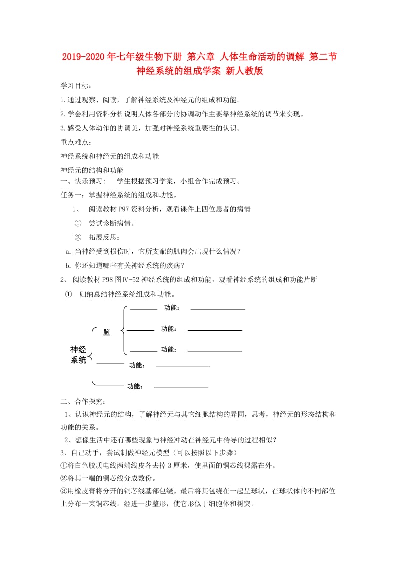 2019-2020年七年级生物下册 第六章 人体生命活动的调解 第二节 神经系统的组成学案 新人教版.doc_第1页