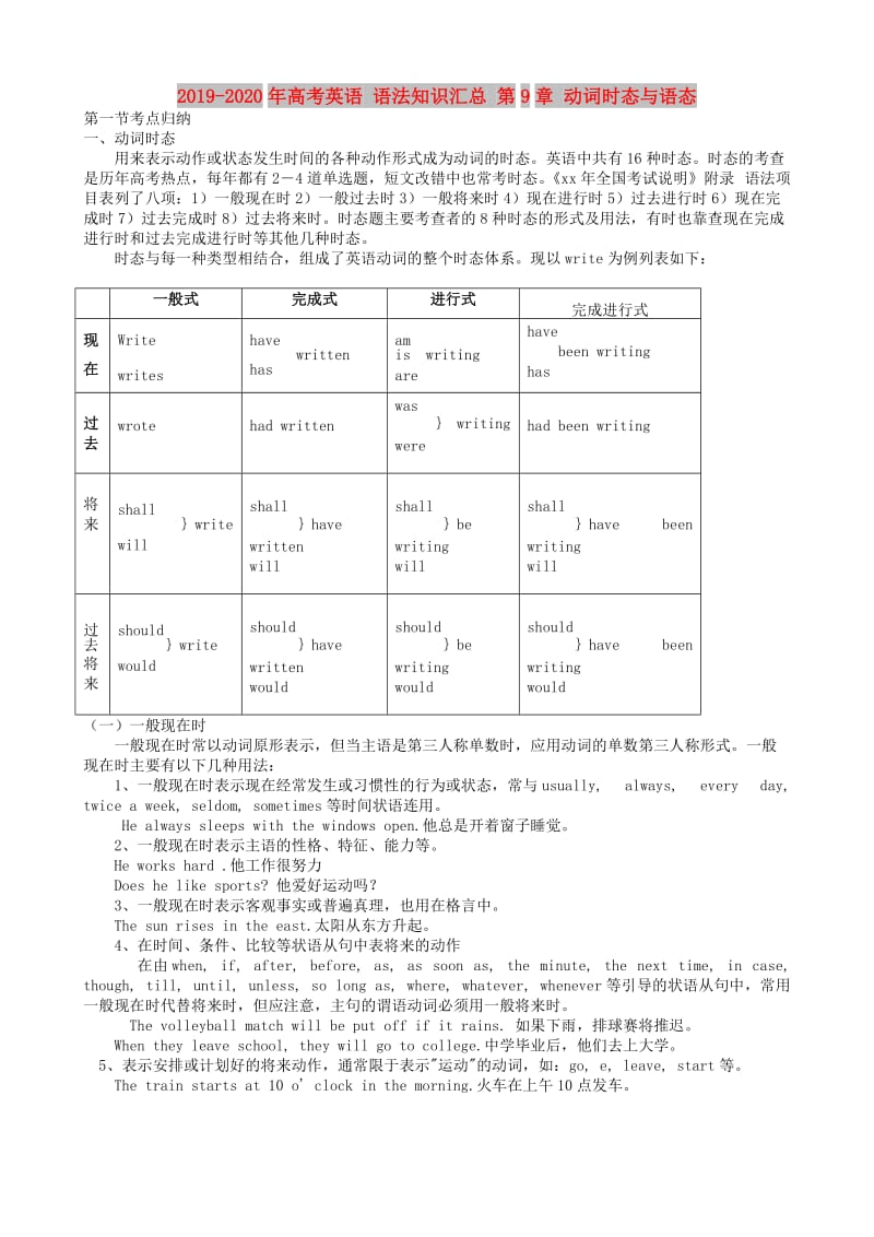 2019-2020年高考英语 语法知识汇总 第9章 动词时态与语态.doc_第1页