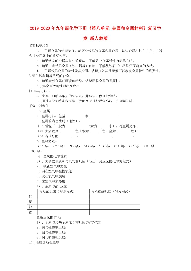 2019-2020年九年级化学下册《第八单元 金属和金属材料》复习学案 新人教版.doc_第1页