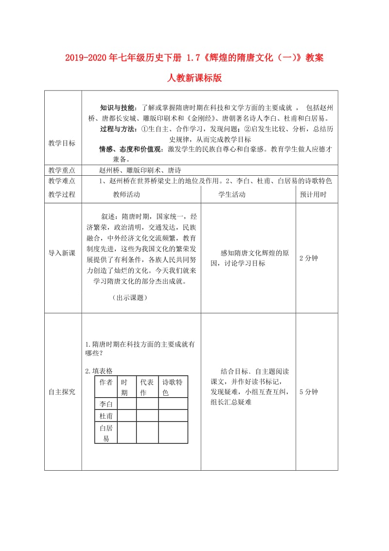 2019-2020年七年级历史下册 1.7《辉煌的隋唐文化（一）》教案 人教新课标版.doc_第1页