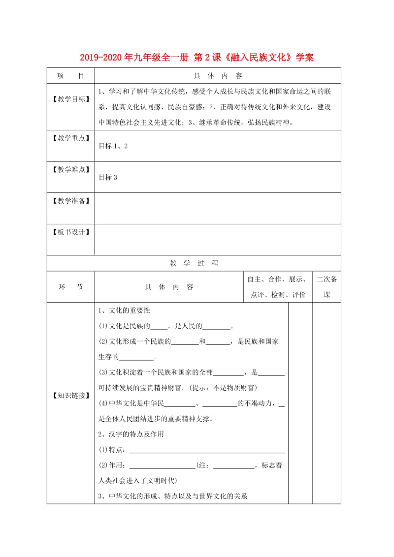 2019-2020年九年级全一册 第2课《融入民族文化》学案.doc_第1页