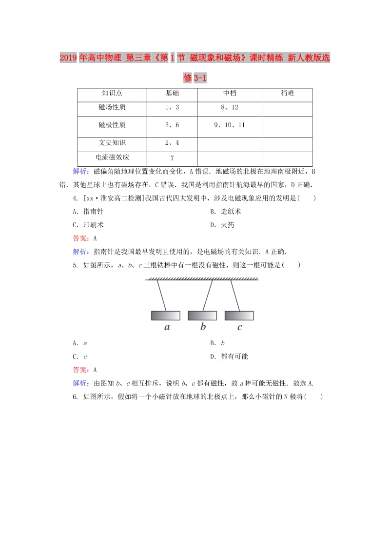 2019年高中物理 第三章《第1节 磁现象和磁场》课时精练 新人教版选修3-1.doc_第1页