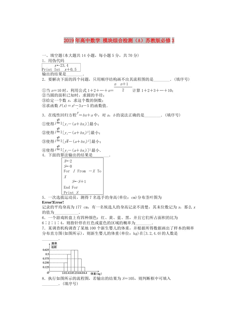 2019年高中数学 模块综合检测（A）苏教版必修3.DOC_第1页