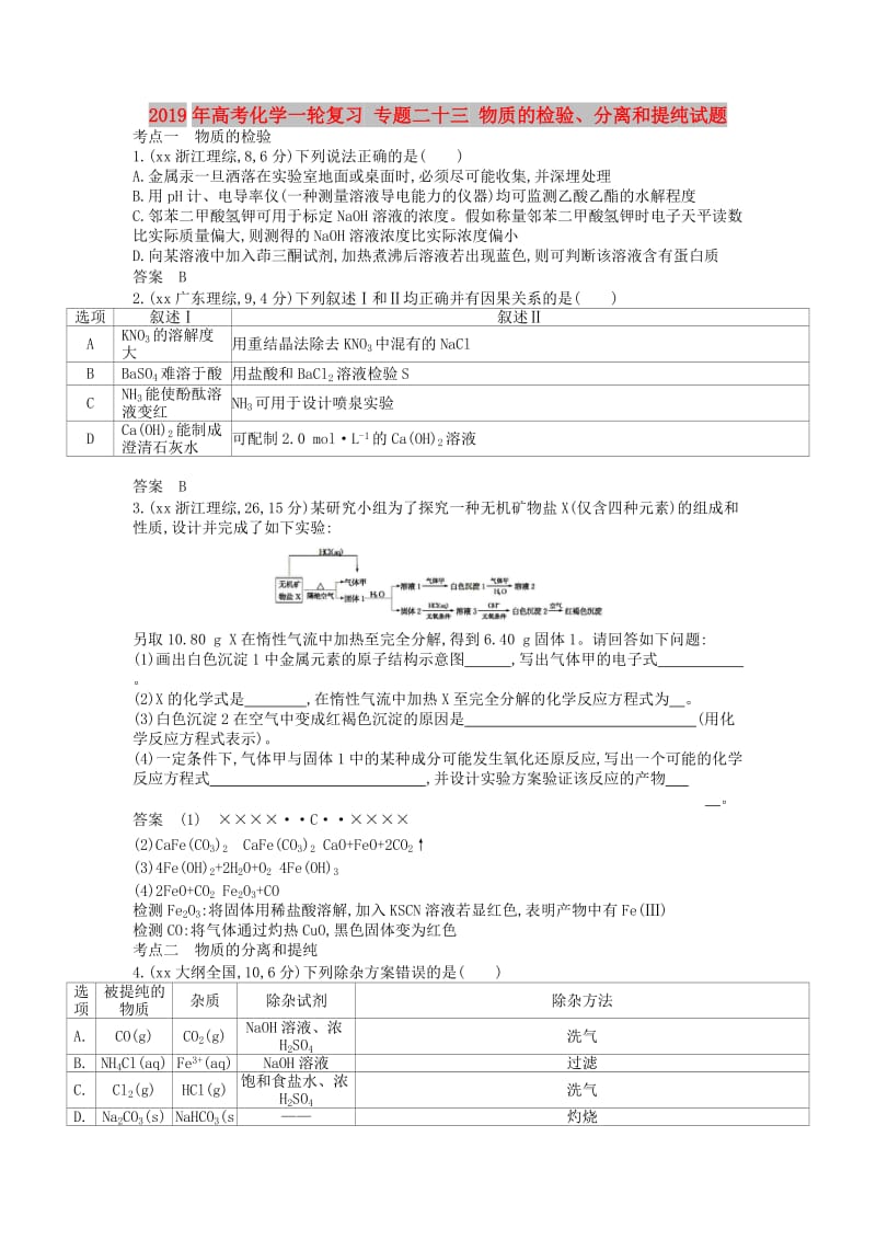 2019年高考化学一轮复习 专题二十三 物质的检验、分离和提纯试题.doc_第1页