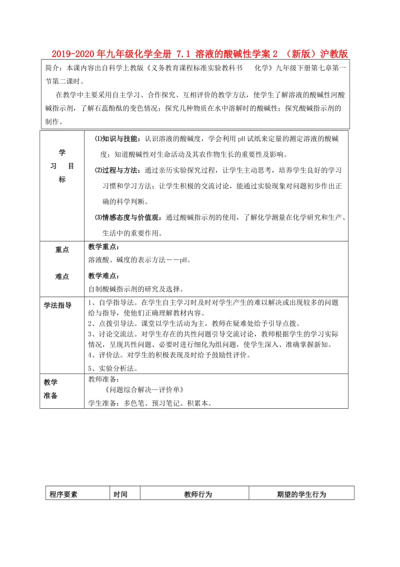 2019-2020年九年级化学全册 7.1 溶液的酸碱性学案2 （新版）沪教版.doc_第1页