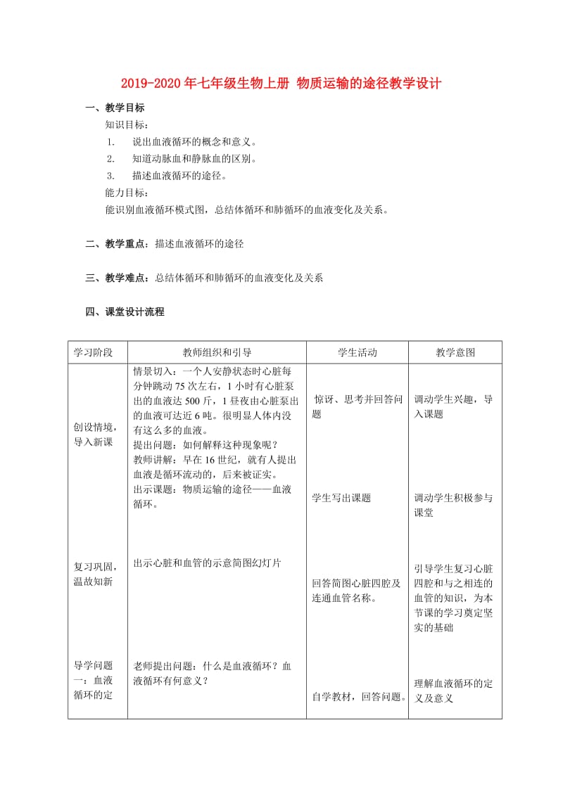 2019-2020年七年级生物上册 物质运输的途径教学设计.doc_第1页