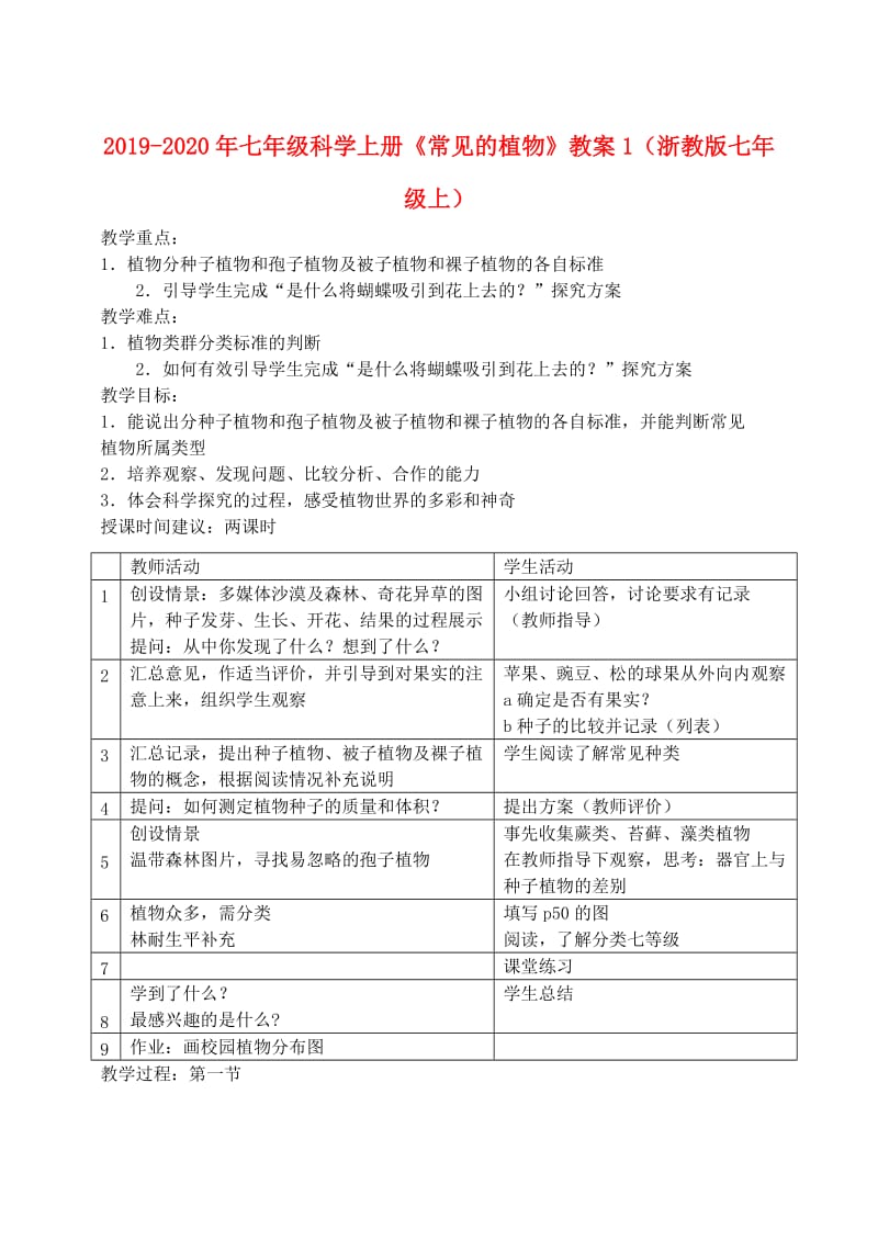 2019-2020年七年级科学上册《常见的植物》教案1（浙教版七年级上）.doc_第1页