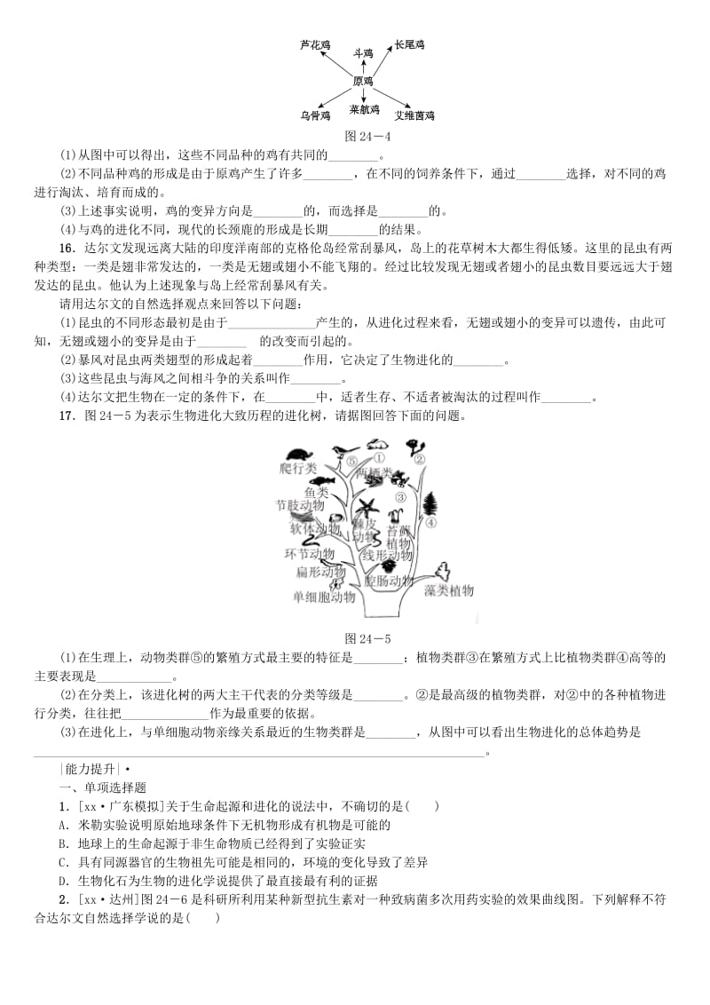 2019-2020年中考生物 第六单元 生命的延续和发展 第24课时 生命的起源和生物的进化课时作业.doc_第3页