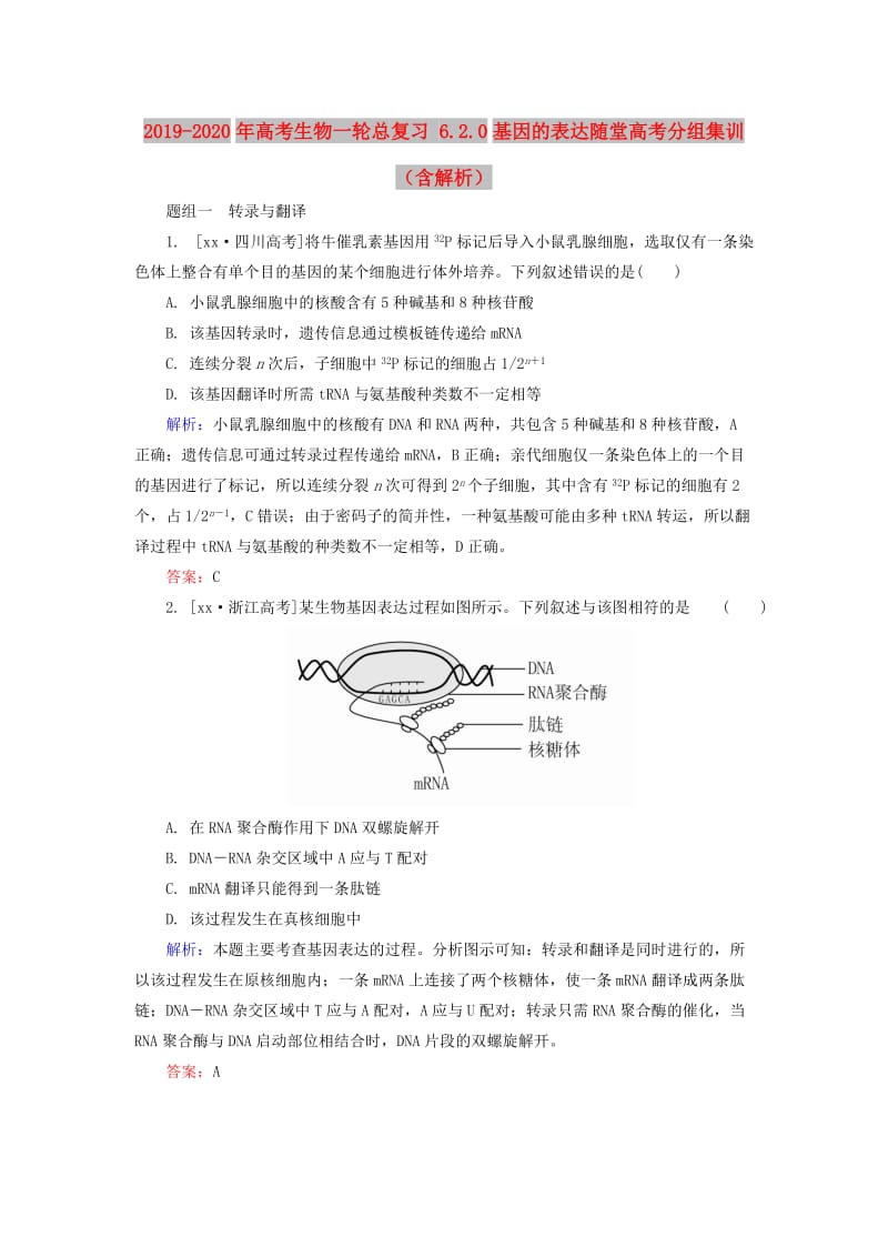 2019-2020年高考生物一轮总复习 6.2.0基因的表达随堂高考分组集训（含解析）.doc_第1页