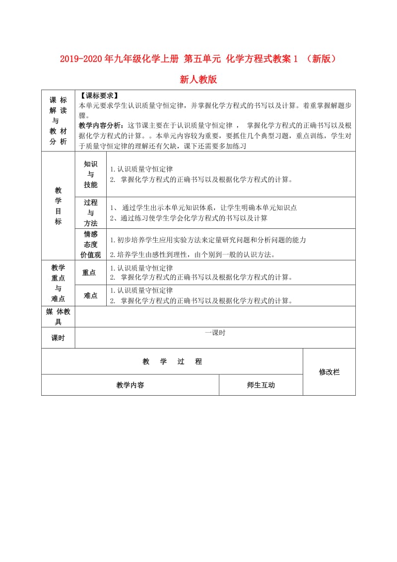 2019-2020年九年级化学上册 第五单元 化学方程式教案1 （新版）新人教版.doc_第1页