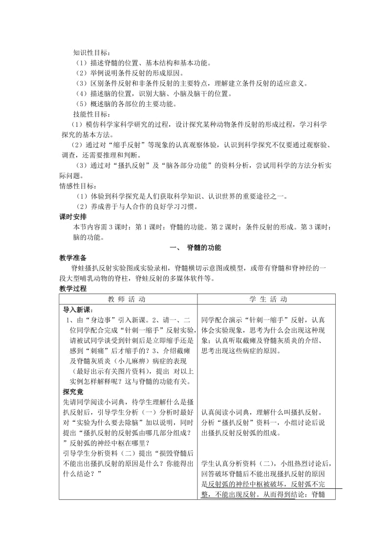 2019-2020年七年级生物下册 第四章《合理用脑 高效学习》4.3.1 脊髓的功能教案 （新版）冀教版.doc_第2页