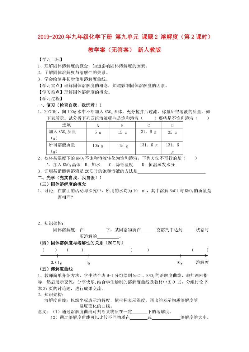 2019-2020年九年级化学下册 第九单元 课题2 溶解度（第2课时）教学案（无答案） 新人教版.doc_第1页