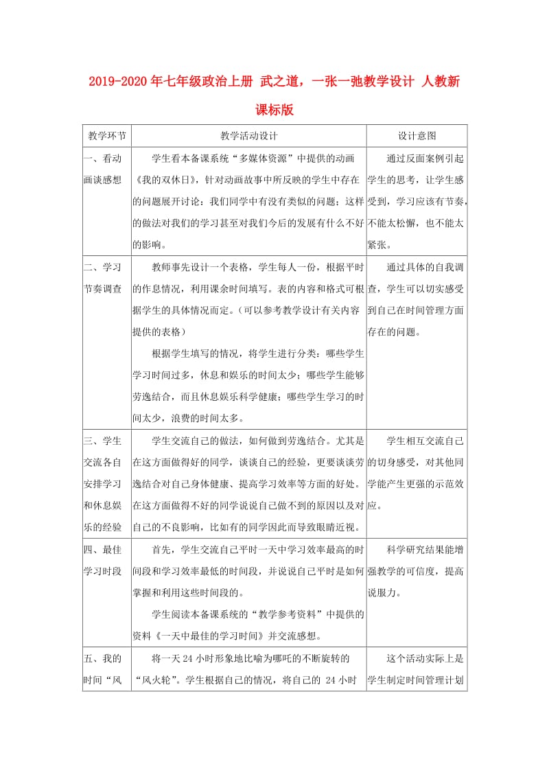 2019-2020年七年级政治上册 武之道一张一弛教学设计 人教新课标版.doc_第1页