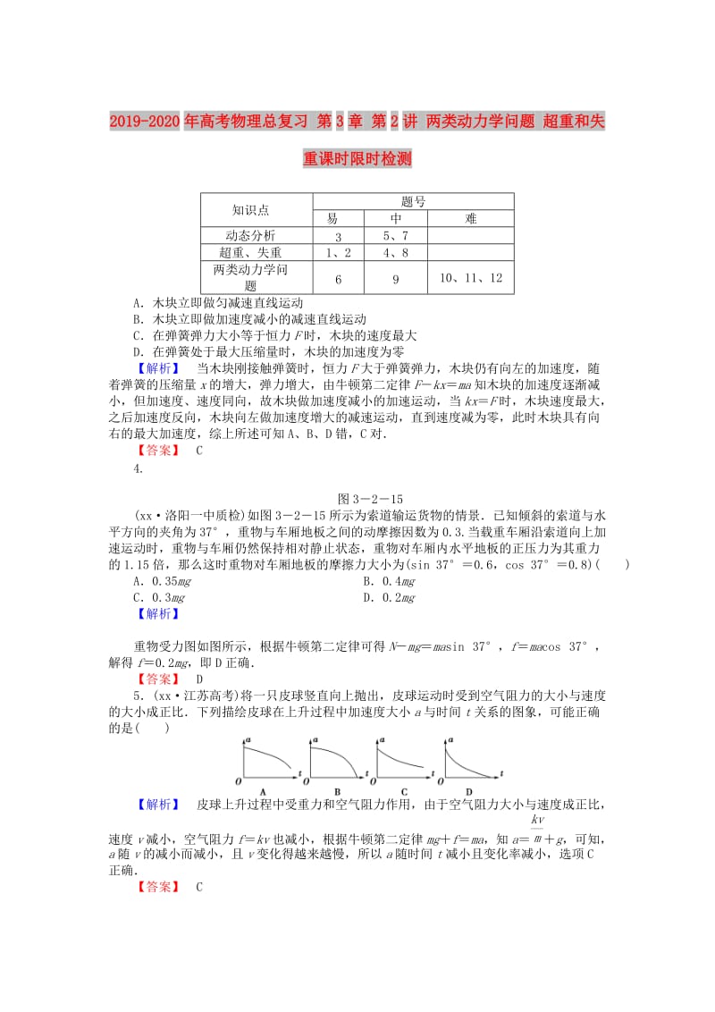 2019-2020年高考物理总复习 第3章 第2讲 两类动力学问题 超重和失重课时限时检测.doc_第1页