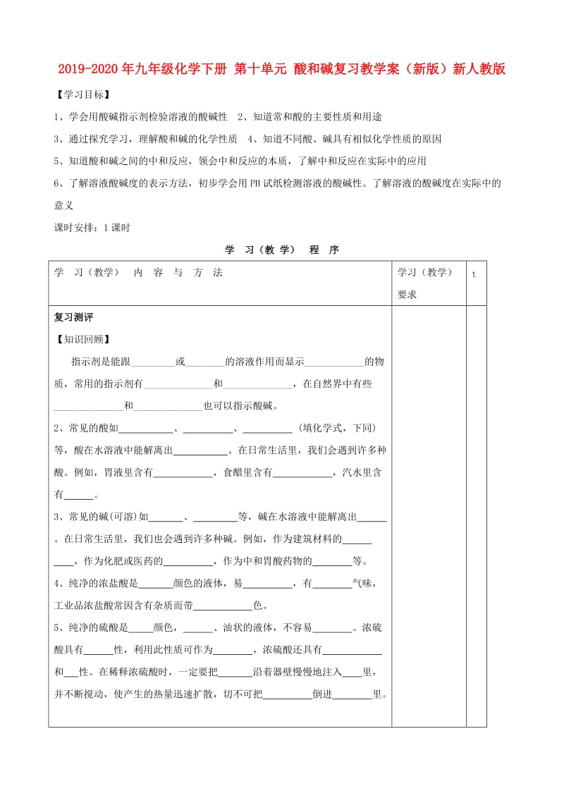 2019-2020年九年级化学下册 第十单元 酸和碱复习教学案（新版）新人教版.doc_第1页