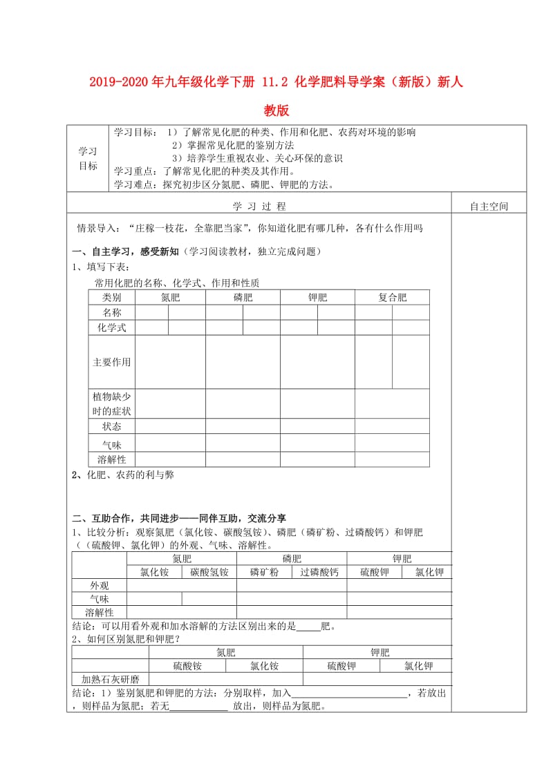 2019-2020年九年级化学下册 11.2 化学肥料导学案（新版）新人教版.doc_第1页