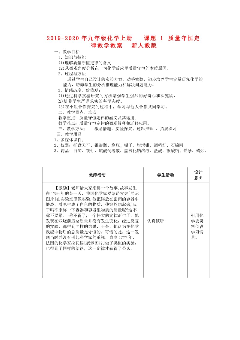 2019-2020年九年级化学上册 课题1 质量守恒定律教学教案 新人教版.doc_第1页