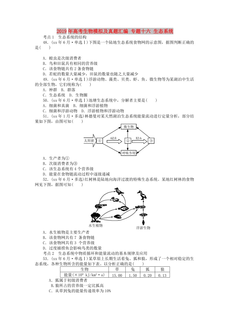 2019年高考生物模拟及真题汇编 专题十六 生态系统.doc_第1页