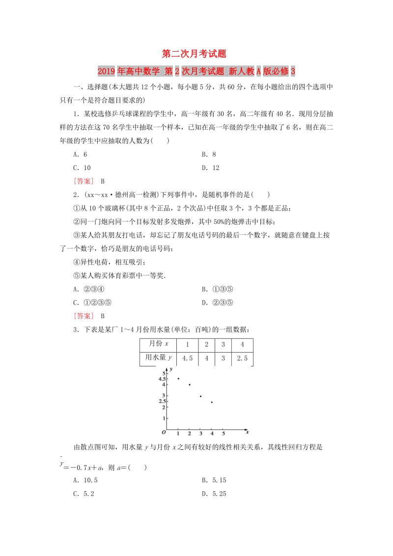 2019年高中数学 第2次月考试题 新人教A版必修3.doc_第1页