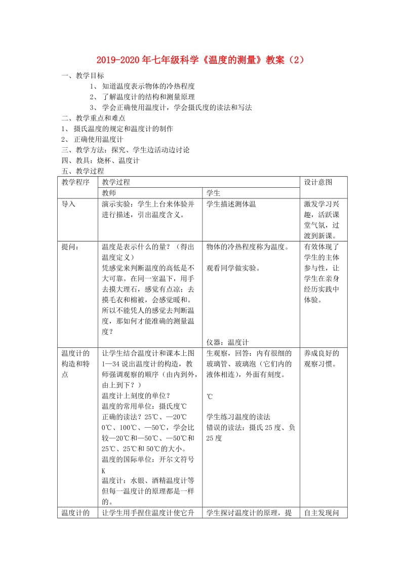 2019-2020年七年级科学《温度的测量》教案（2）.doc_第1页