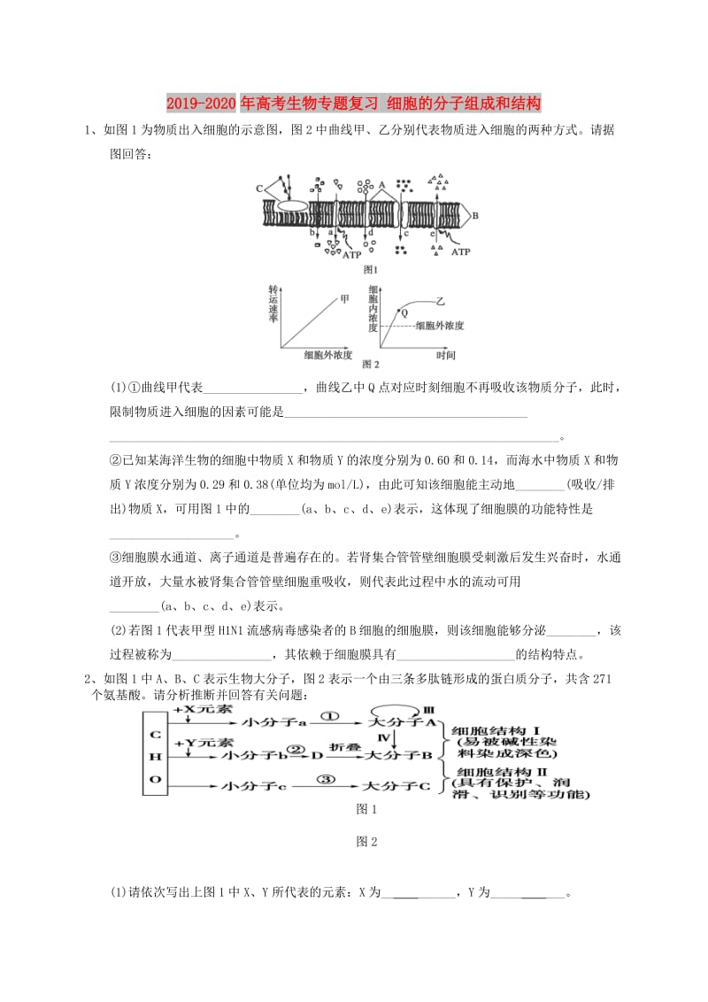 2019-2020年高考生物专题复习 细胞的分子组成和结构.doc_第1页