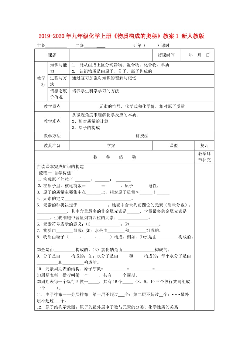 2019-2020年九年级化学上册《物质构成的奥秘》教案1 新人教版.doc_第1页