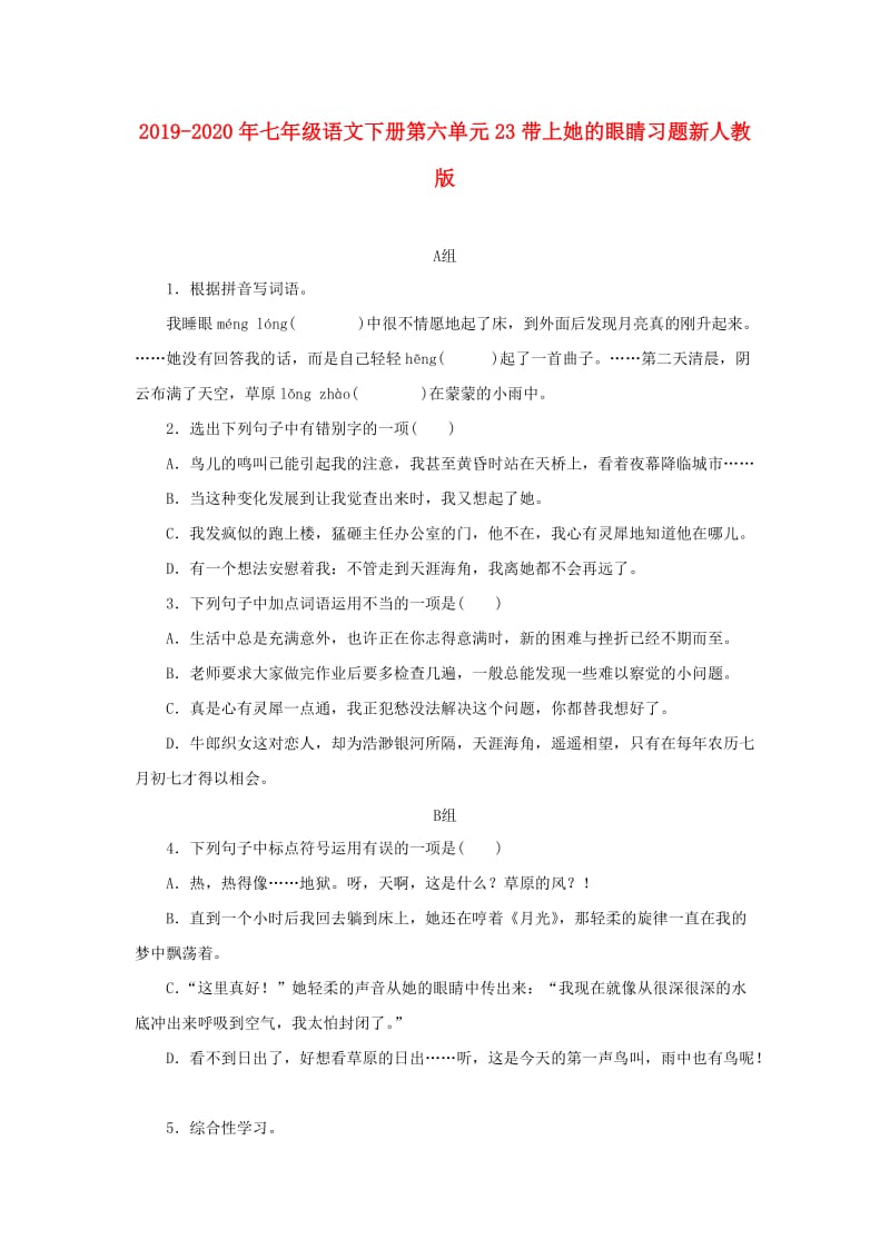 2019-2020年七年级语文下册第六单元23带上她的眼睛习题新人教版.doc_第1页