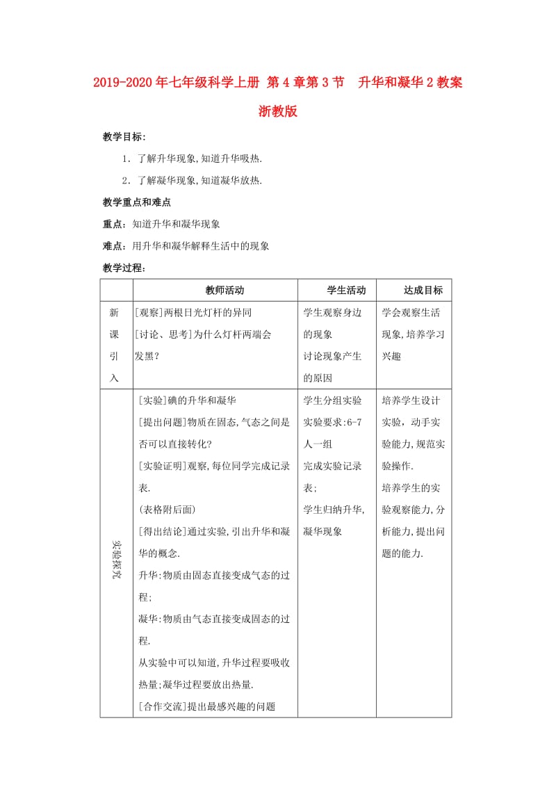 2019-2020年七年级科学上册 第4章第3节 升华和凝华2教案 浙教版.doc_第1页