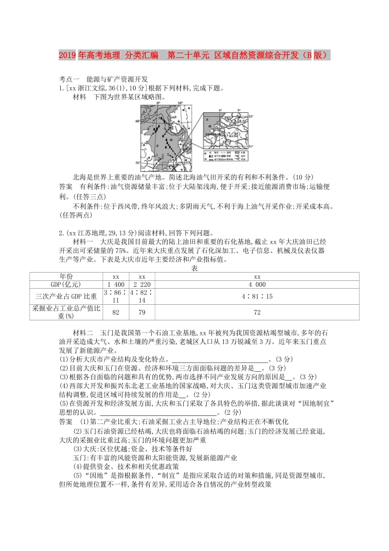 2019年高考地理 分类汇编 第二十单元 区域自然资源综合开发（B版）.doc_第1页