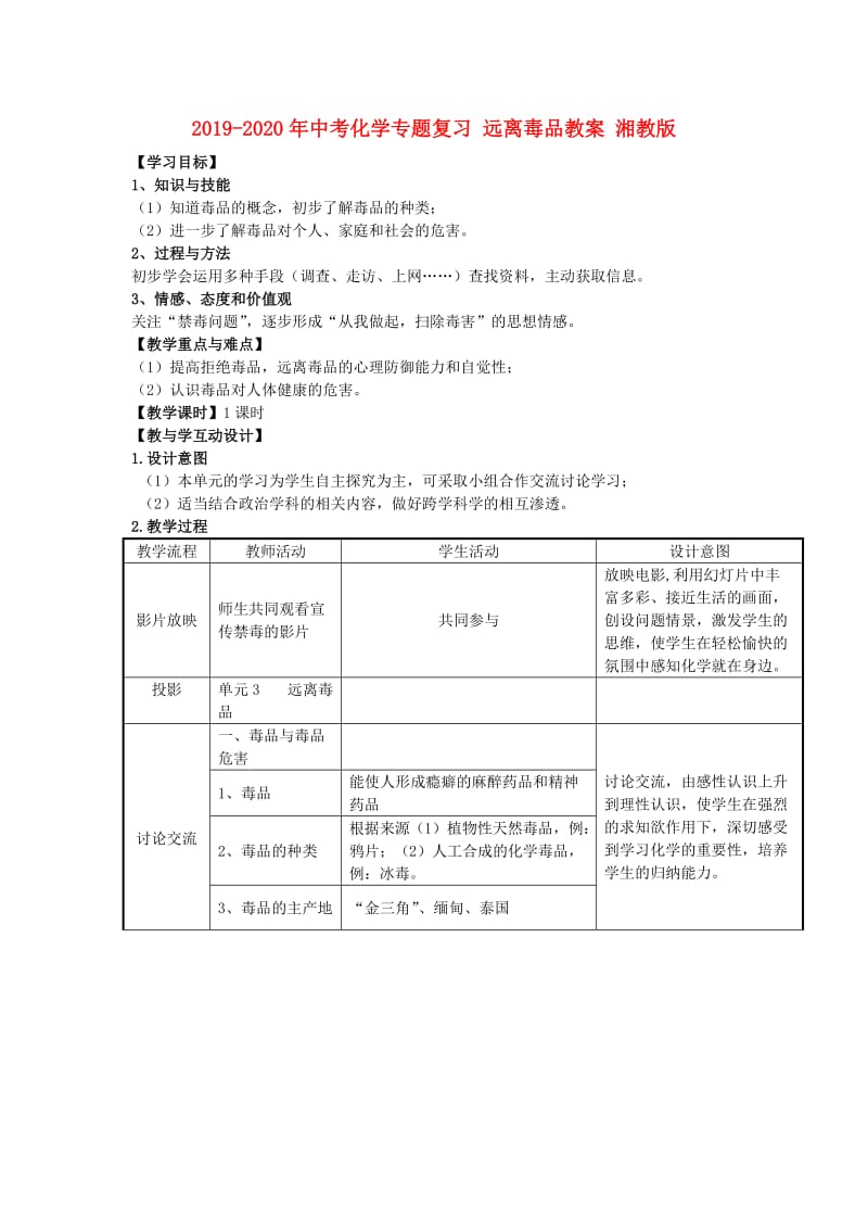 2019-2020年中考化学专题复习 远离毒品教案 湘教版.doc_第1页