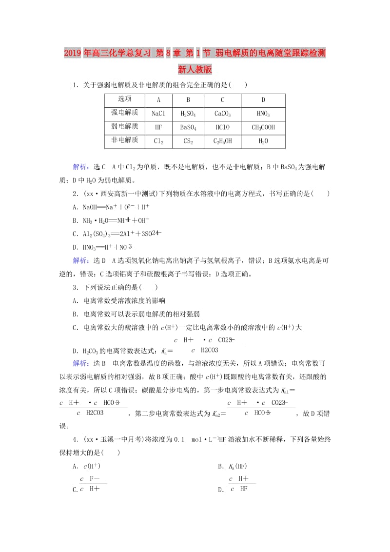 2019年高三化学总复习 第8章 第1节 弱电解质的电离随堂跟踪检测 新人教版.doc_第1页