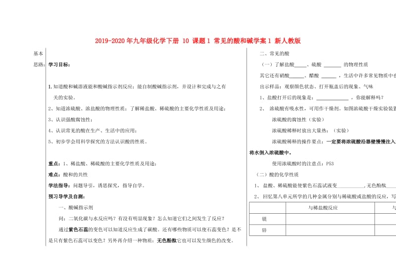 2019-2020年九年级化学下册 10 课题1 常见的酸和碱学案1 新人教版.doc_第1页