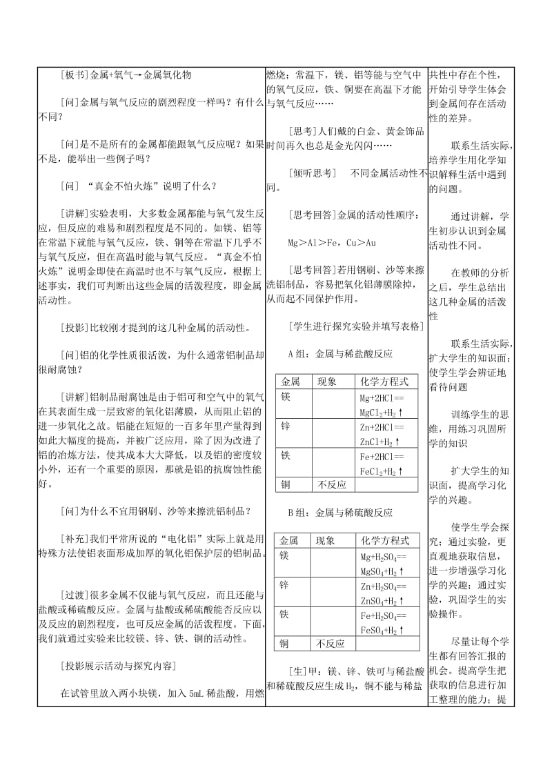 2019-2020年九年级化学下册 第八单元 课题2 金属的化学性质教案 新人教版 (I).doc_第3页