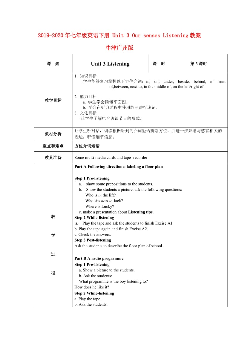 2019-2020年七年级英语下册 Unit 3 Our senses Listening教案 牛津广州版.doc_第1页