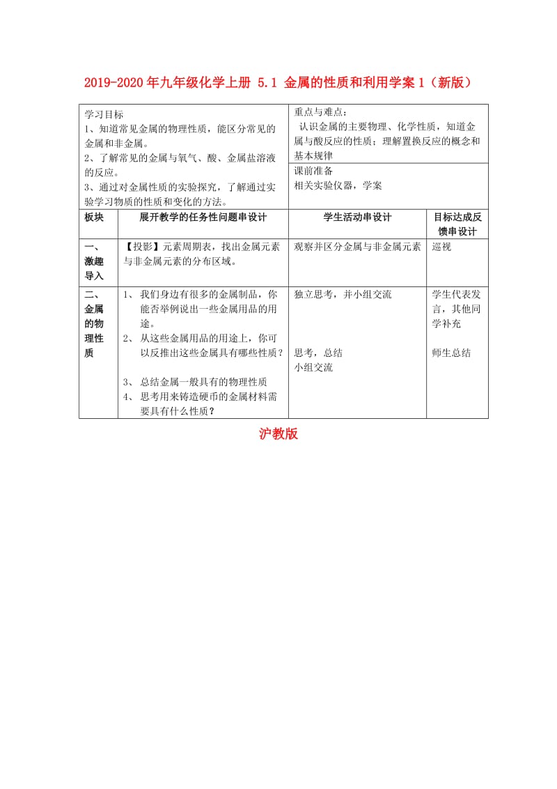 2019-2020年九年级化学上册 5.1 金属的性质和利用学案1（新版）沪教版.doc_第1页