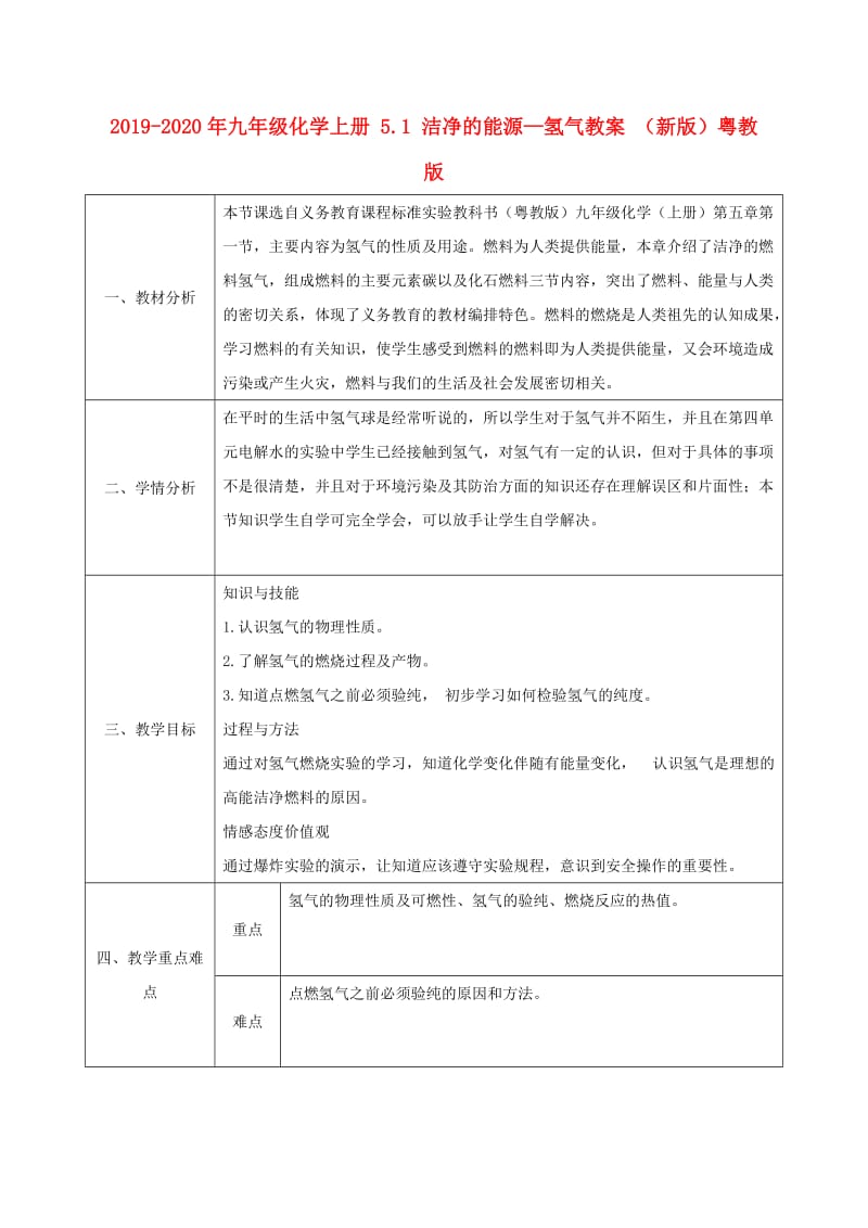 2019-2020年九年级化学上册 5.1 洁净的能源—氢气教案 （新版）粤教版.doc_第1页